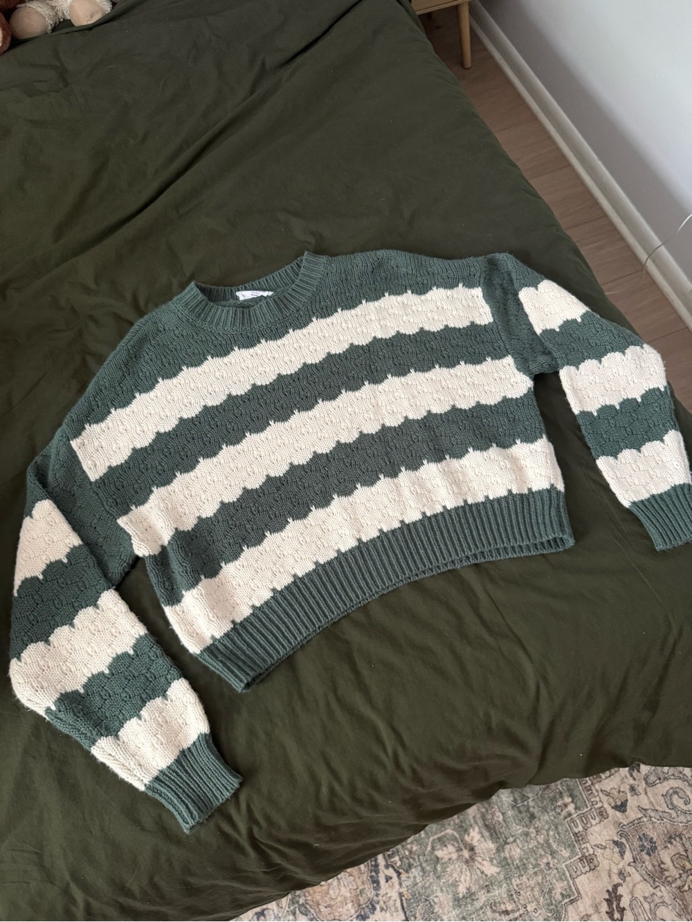 Striped Crewneck Sweater - Green & Cream
